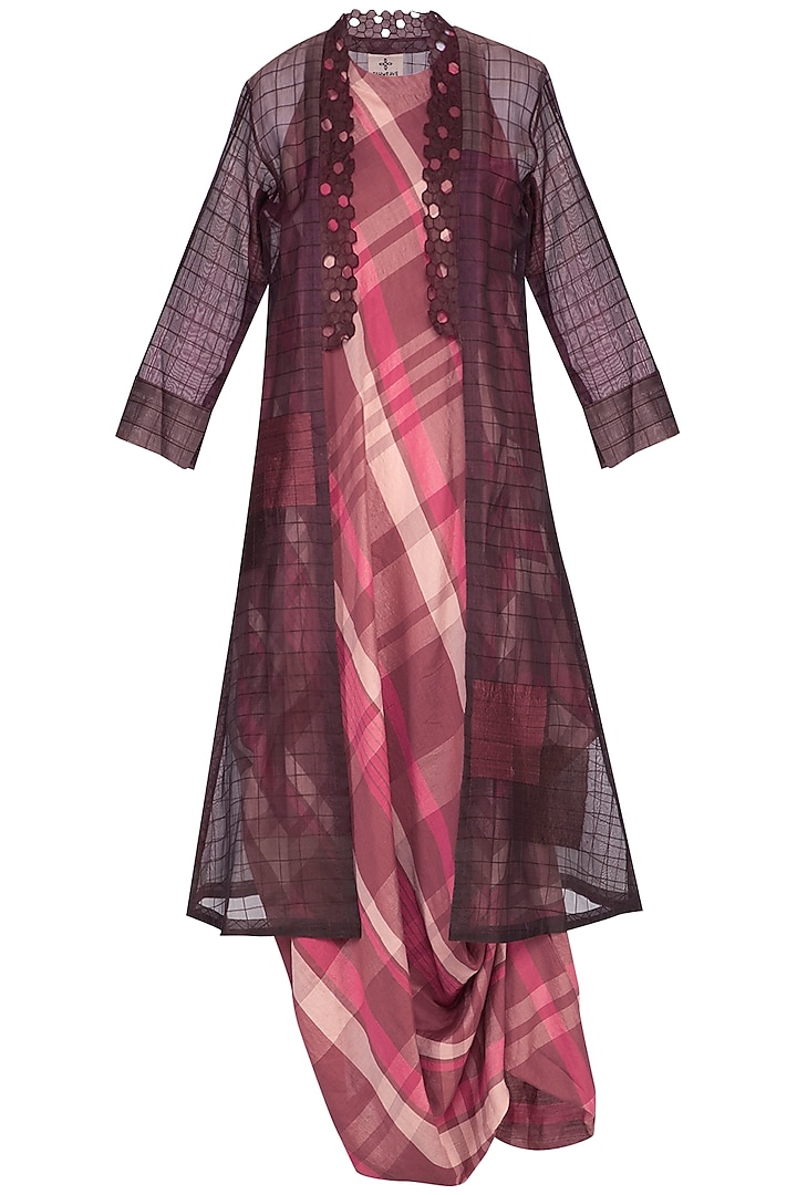 Pink checks drape dress with plum overlayer jacket by Tahweave