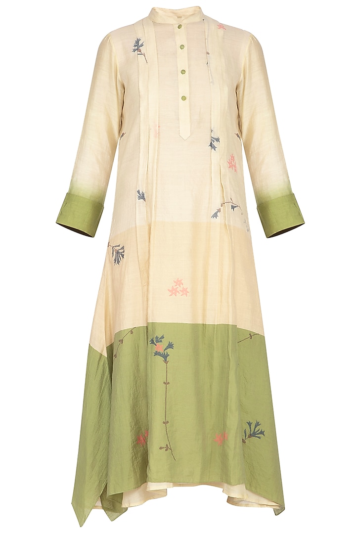 Beige and green jamdani pleated tunic by Tahweave at Pernia's Pop Up Shop