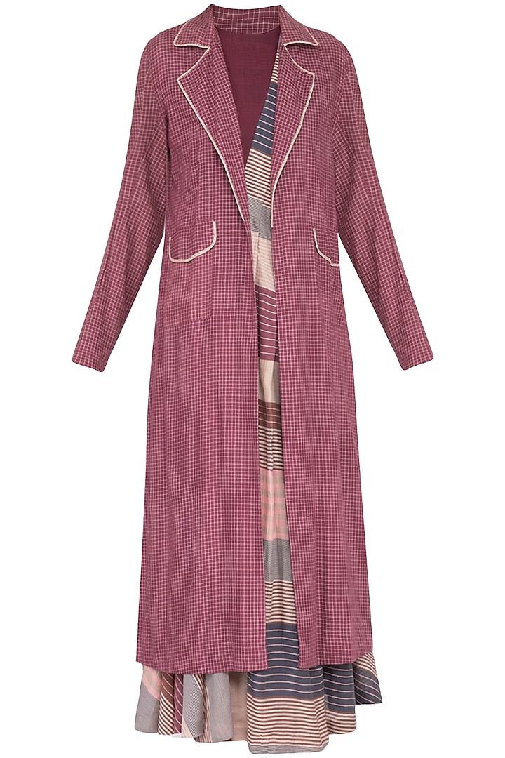 Multi colored pleated dress with plum overlayer jacket by Tahweave