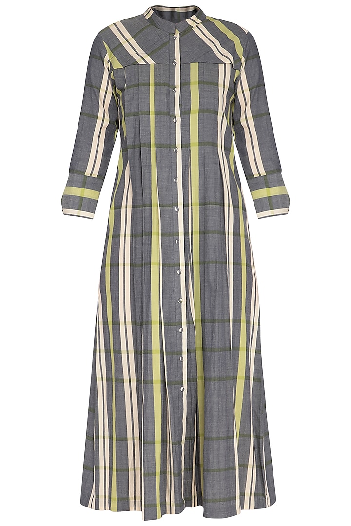 Green and grey checks pleated dress by Tahweave