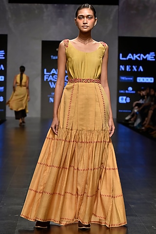 Mustard Embroidered Tier Dress by Tahweave