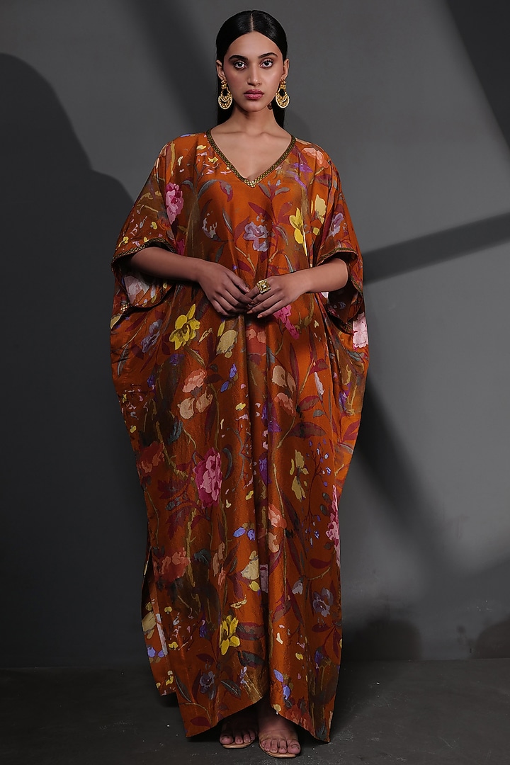 Brown Pure Habutai Silk Printed & Embroidered Kaftan by Taisha at Pernia's Pop Up Shop