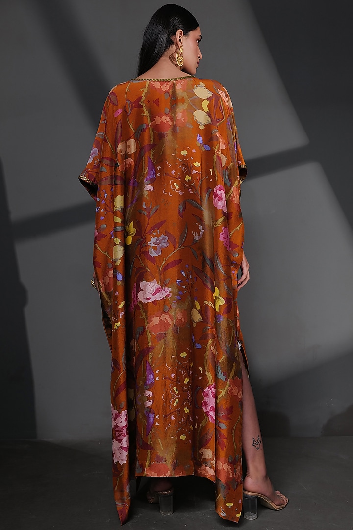 Brown Pure Habutai Silk Printed & Embroidered Kaftan by Taisha at Pernia's Pop Up Shop