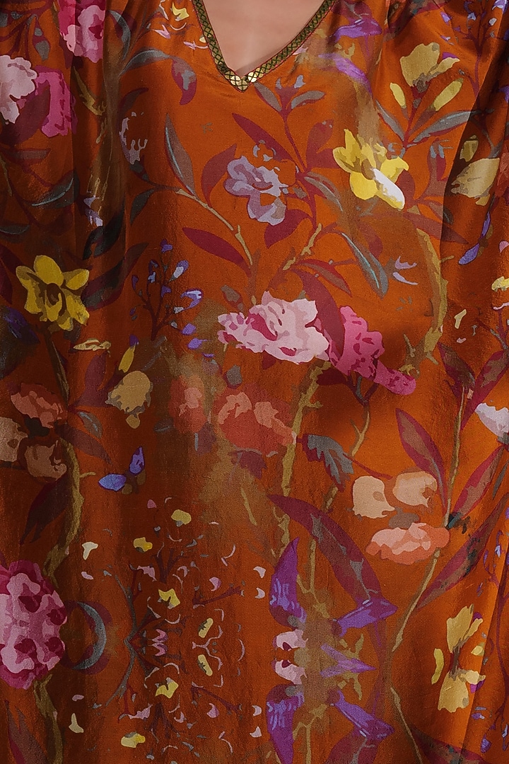 Brown Pure Habutai Silk Printed & Embroidered Kaftan by Taisha at Pernia's Pop Up Shop