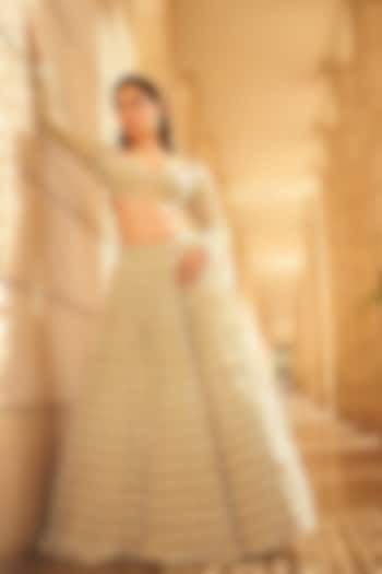 Fern Green Georgette Pearl Hand Embroidered Bridal Lehenga Set by Vvani By Vani Vats at Pernia's Pop Up Shop