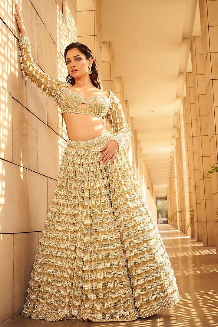 Fern Green Georgette Pearl Hand Embroidered Bridal Lehenga Set by Vvani By Vani Vats at Pernia's Pop Up Shop