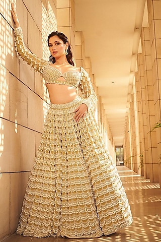 Fern Green Georgette Pearl Hand Embroidered Lehenga Set by Vvani By Vani Vats