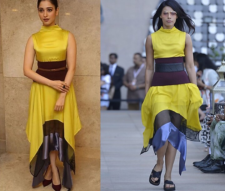 Lemon yellow, blue and black high rise handkerchief dress available only at Pernia's Pop Up Shop.