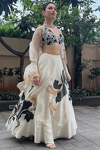 Ivory Hand-Painted & Embroidered Lehenga Set by Devnaagri