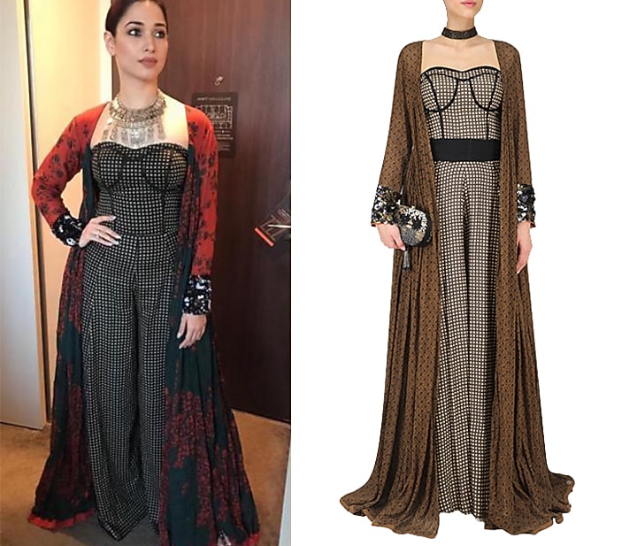 Brown checkered print jumpsuit with brown embroidered long jacket available only at Pernia's Pop Up Shop.