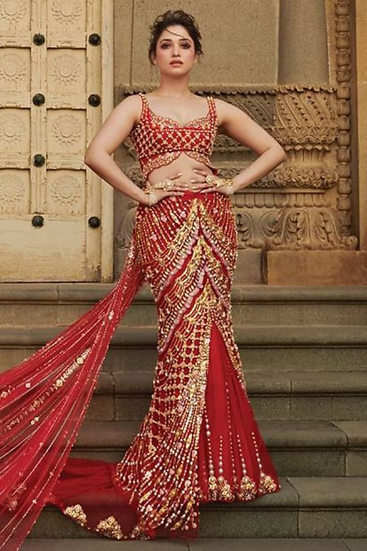 Red Tulle Fish-Cut Embroidered Lehenga Set by Papa Don't Preach by Shubhika