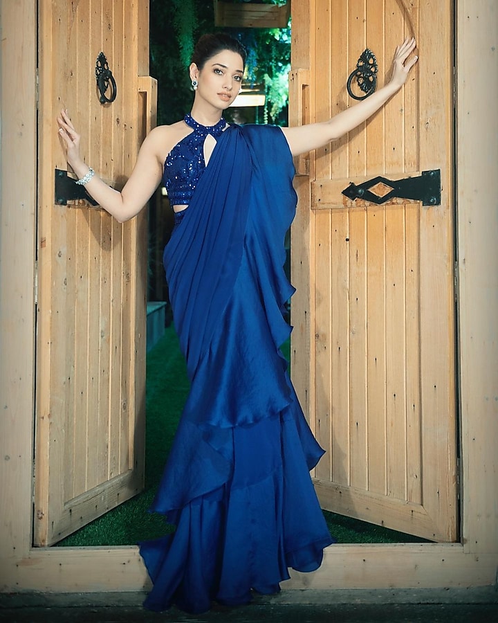 Sky Blue Embroidered Saree-Gown by Babita Malkani