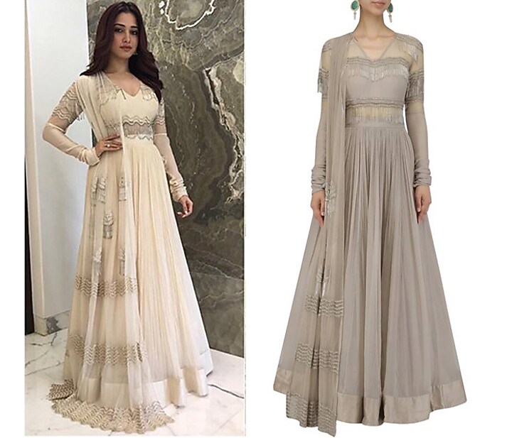 Champagne gold tasseled anarakali with attached dupatta available only at Pernia's Pop Up Shop.