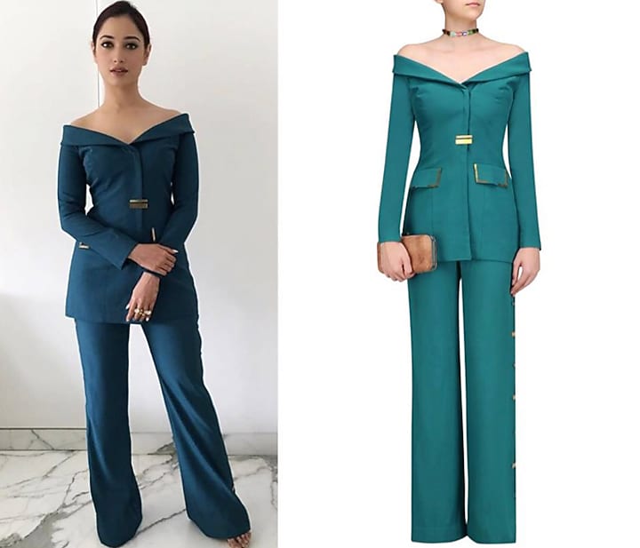 Teal green metal chips detail off shoulder blazer and pants set available only at Pernia's Pop Up Shop