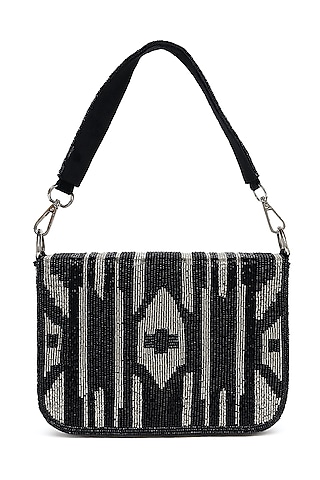 Black Beaded Satchel Bag by Tarini Nirula