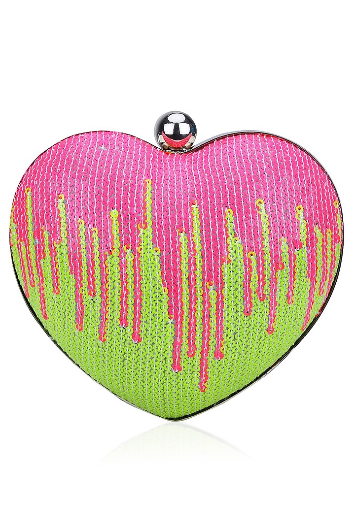 Pink and Green Sequinned Heart Shape Lovespell Sparkle Clutch by Tarini Nirula