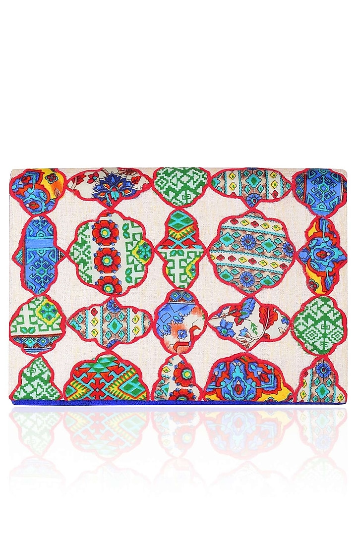White, Red, Blue And Green Applique Work "Satchel" Clutch by Tarini Nirula