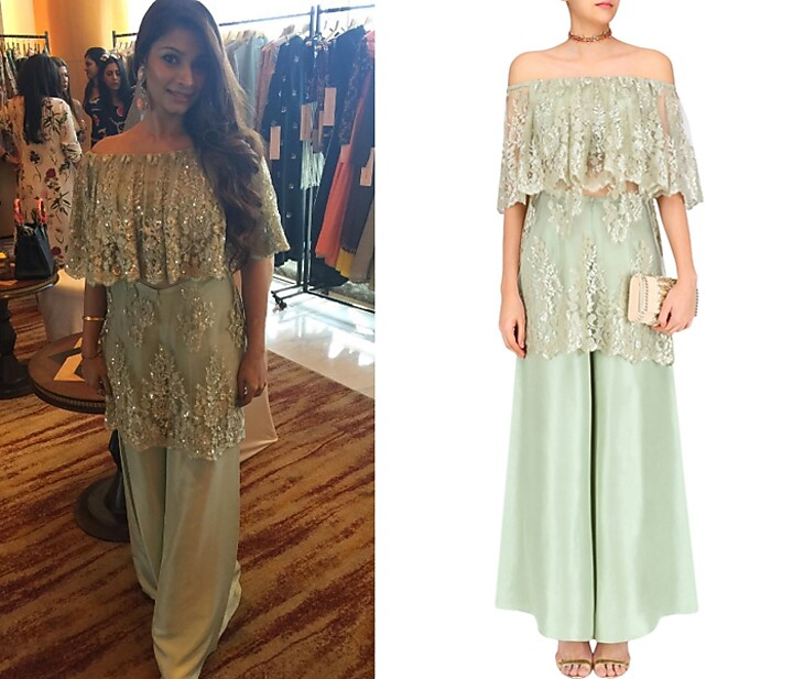 Mint chantilly lace off shoulder kurta set available only at Pernia's Pop Up Shop.