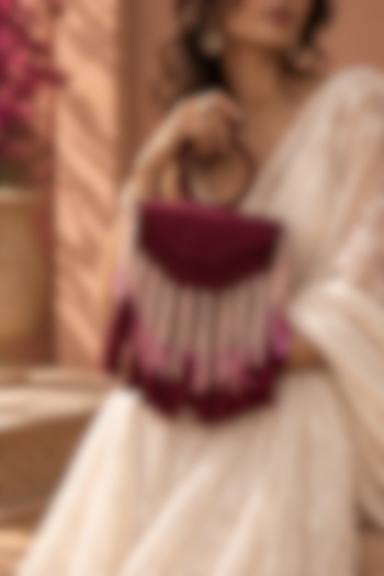 Wine Suede Fringe Embellished Clutch by TAN Studio at Pernia's Pop Up Shop