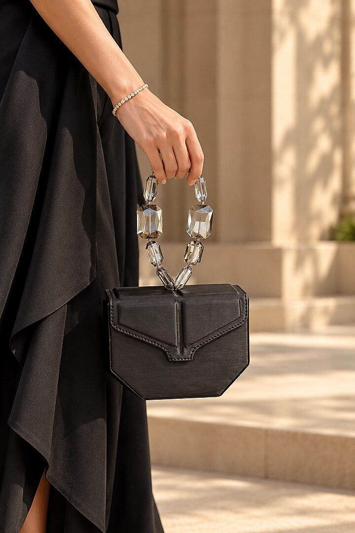 Black Vegan Leather Embellished Clutch by TAN Studio at Pernia's Pop Up Shop