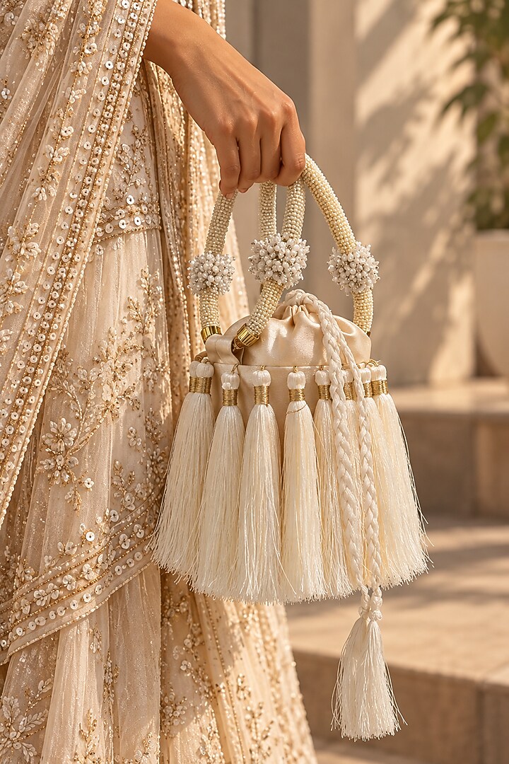 Ivory Satin Fringe Embellished Potli by TAN Studio at Pernia's Pop Up Shop