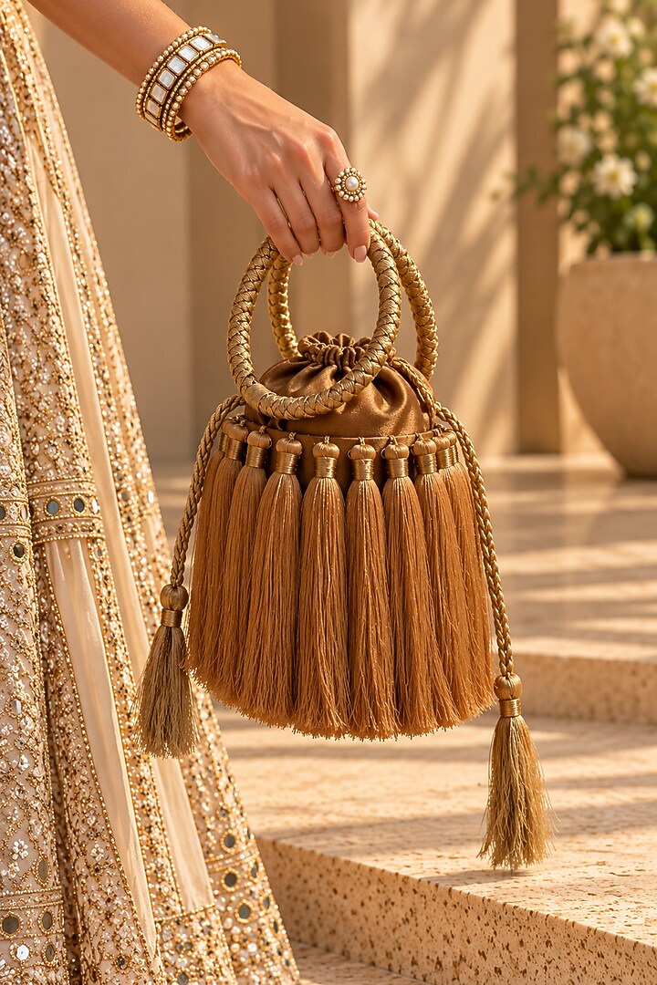 Gold Satin Fringe Embellished Potli by TAN Studio at Pernia's Pop Up Shop