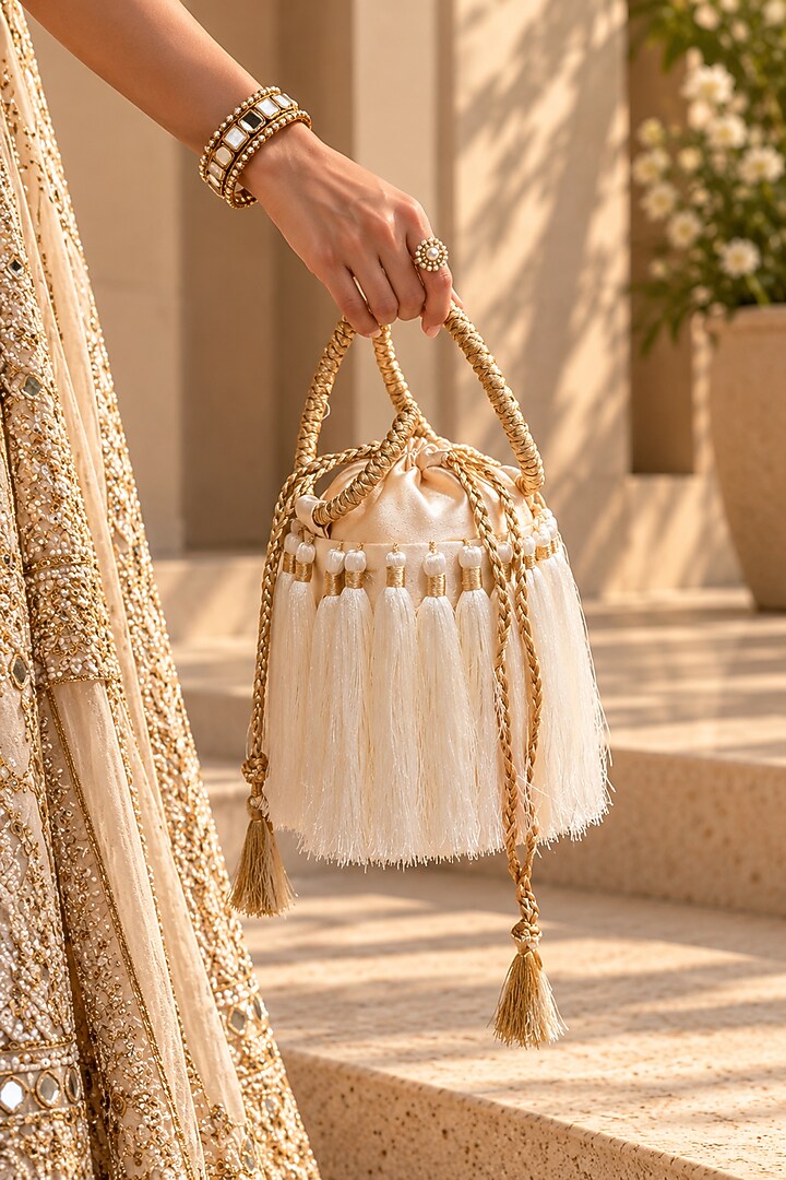 Ivory Satin Embellished Handcrafted Potli by TAN Studio at Pernia's Pop Up Shop