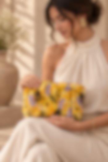 Yellow Vegan Fabric Floral  Printed & Beadwork Clutch by TAN Studio at Pernia's Pop Up Shop