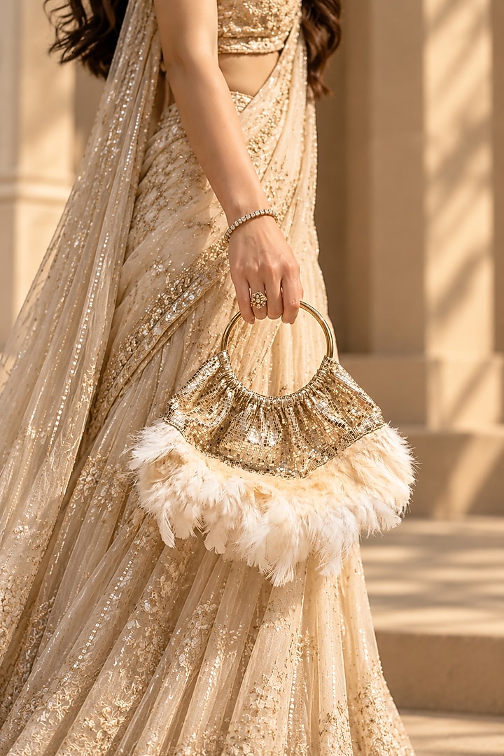 Rose Gold Vegan Fabric Feather Embellished Handbag by TAN Studio at Pernia's Pop Up Shop