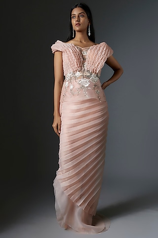 Peach Organza Pleated Skirt Set by Tanieya Khanuja