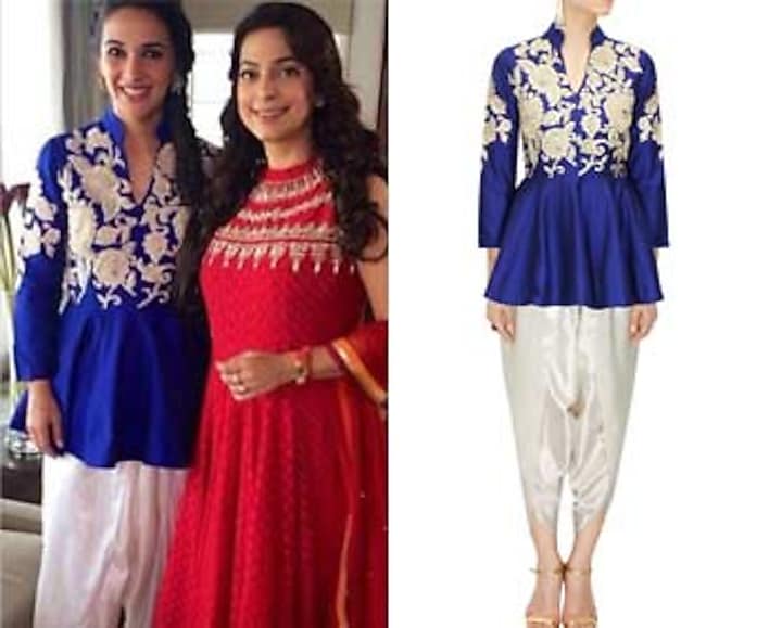 Blue dabka embroidered peplum kurta with dhoti pants available only at Pernia's Pop-Up Shop.