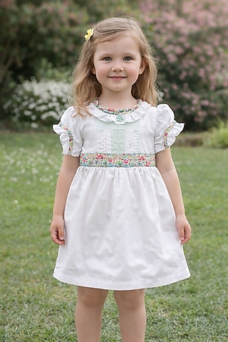 White Floral Printed Dress For Girls by Taramira