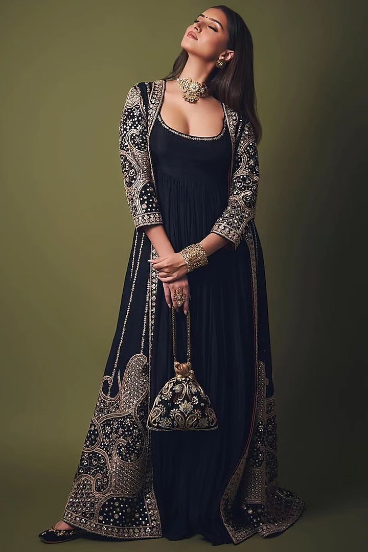 Black Silk Embroidered Anarkali With Jacket by Punit Balana