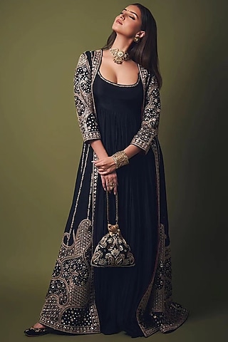 Black Silk Embroidered Anarkali With Jacket by Punit Balana