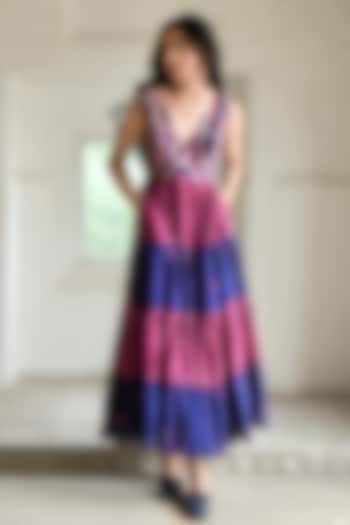 Multi-Colored Chanderi Silk Hand Embroidered Tiered Maxi Vacation Dress by TARO at Pernia's Pop Up Shop