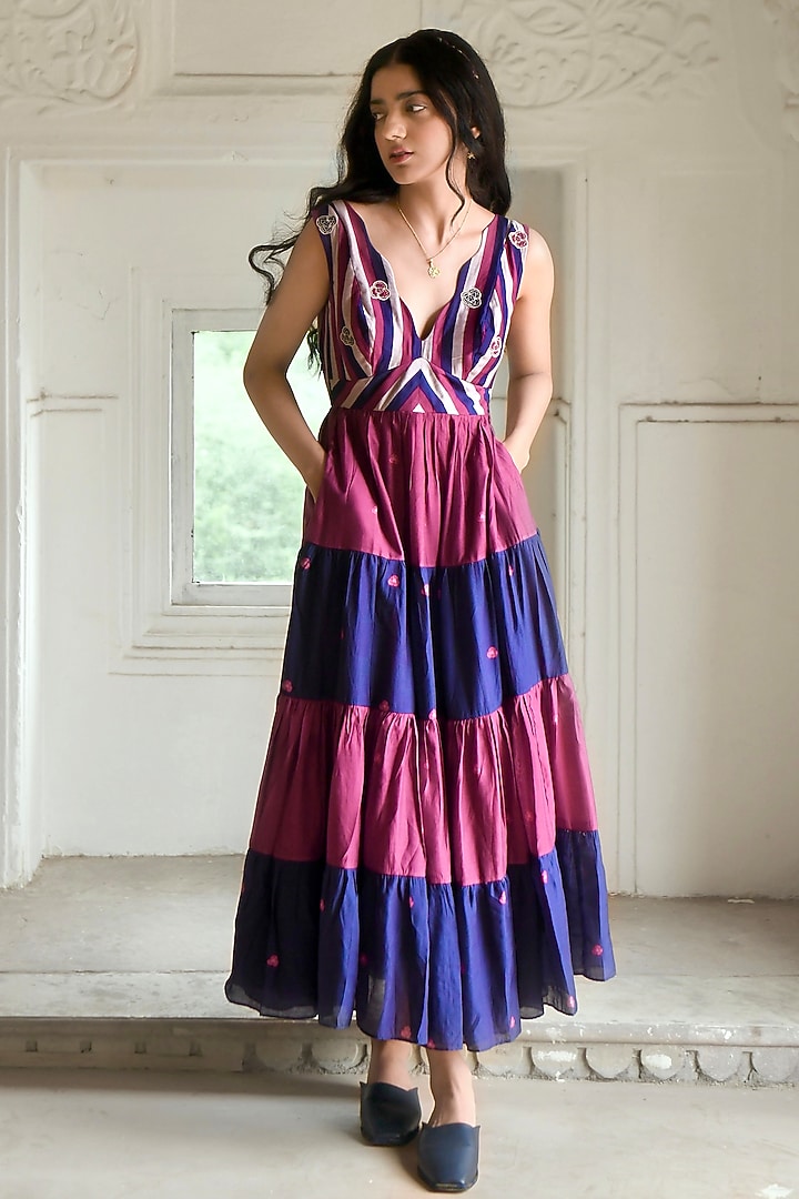 Multi-Colored Chanderi Silk Hand Embroidered Tiered Maxi Vacation Dress by TARO at Pernia's Pop Up Shop