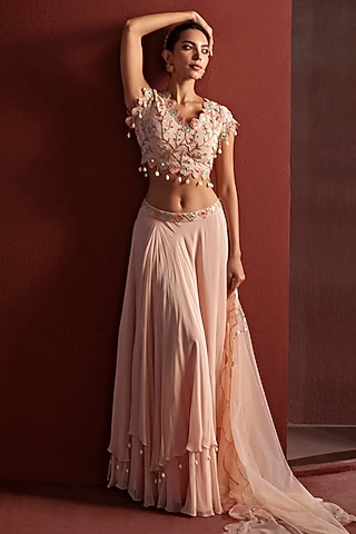 Blush Pink Georgette Resham & Dabka Hand Embroidered Layered Lehenga Set by TARINI VIJ