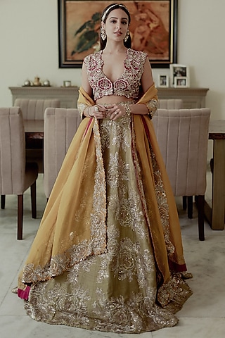 Light Mehendi Green Embroidered Lehenga Set by Mrunalini Rao