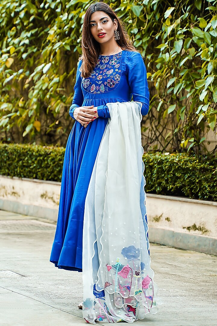 Electric Blue Embroidered Anarkali Set by The Aarya