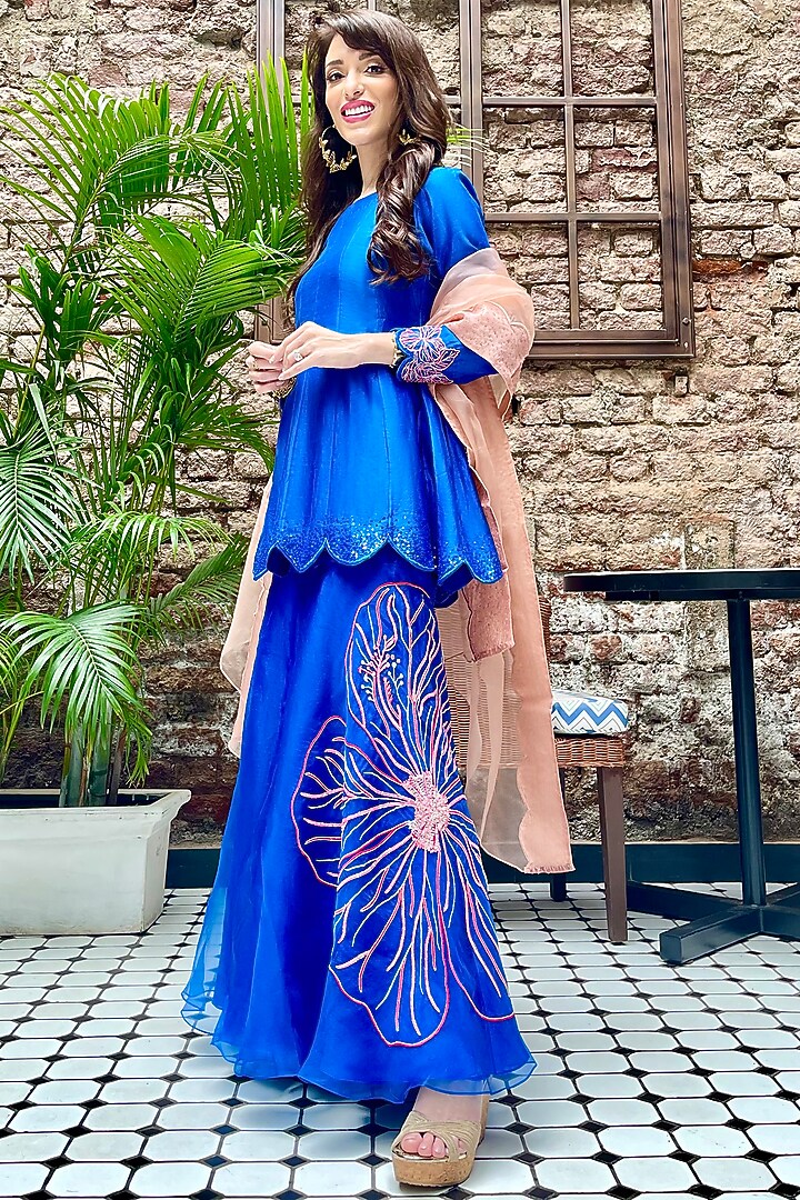 Royal Blue Embroidered Halter-Neck Gharara Set