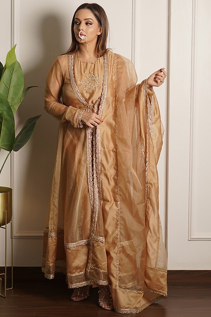 Gold Organza Embroidered Anarkali Set by The Aarya