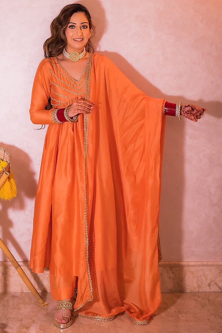 Orange Embroidered Anarkali Set by The Aarya