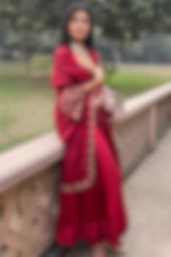 Ruby Red Mashru Silk Anarkali Set by The Aarya