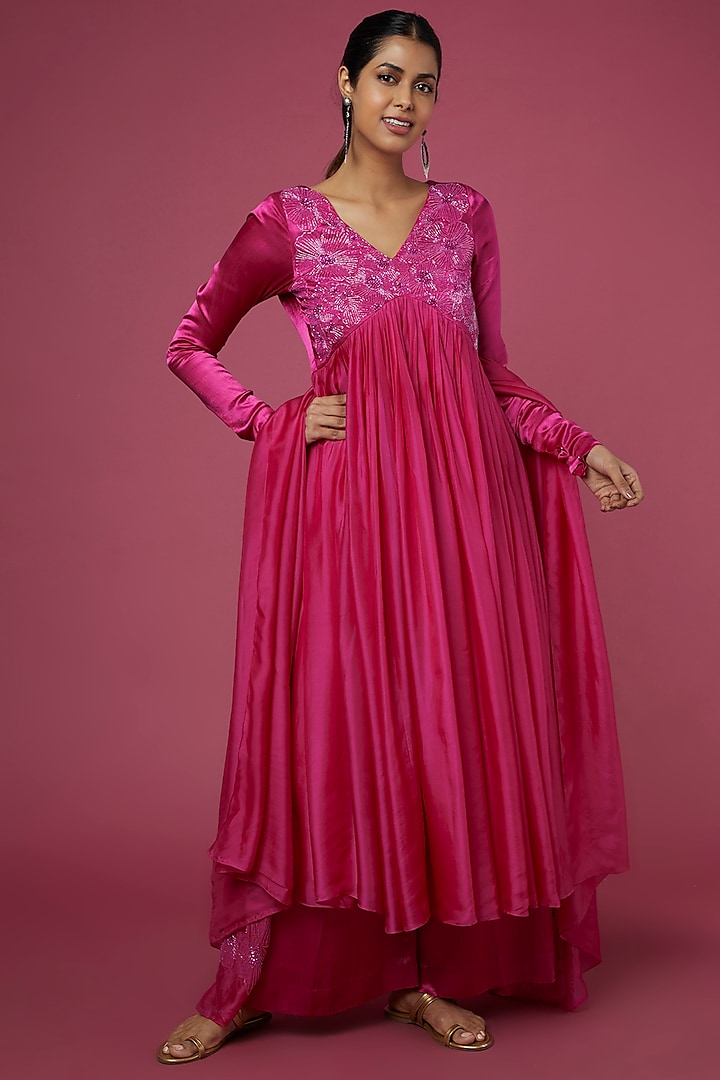 Pink Hand Embroidered Anarkali Set by The Aarya