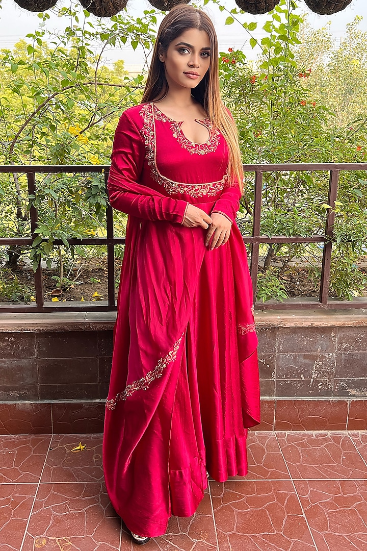 Blush Red Hand Embroidered Anarkali Set by The Aarya