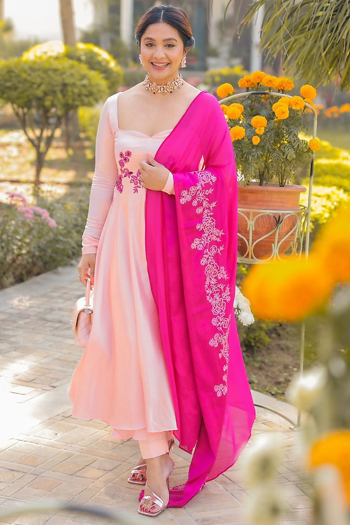 Peach Embroidered Anarkali Set by The Aarya