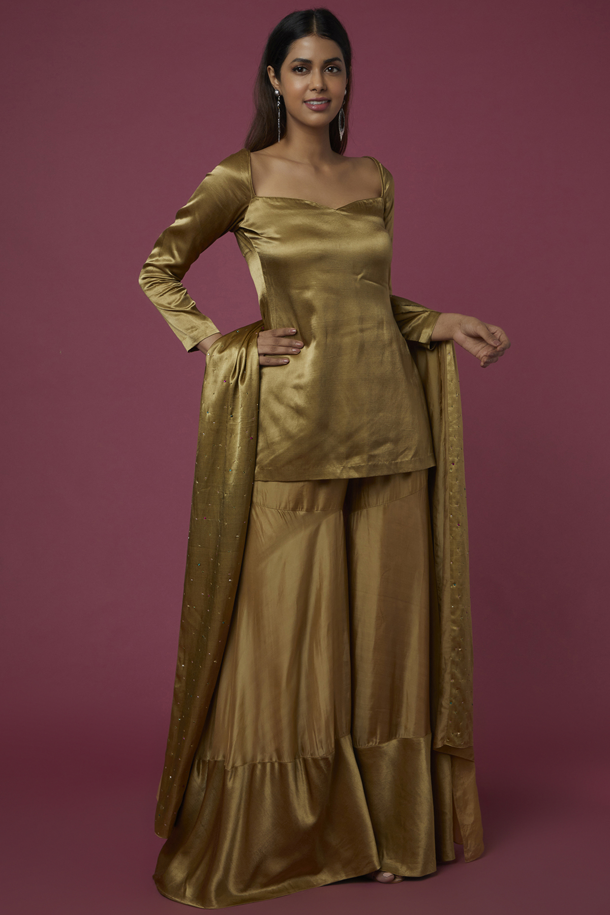 Gold Tabby Silk Gharara Set by The Aarya