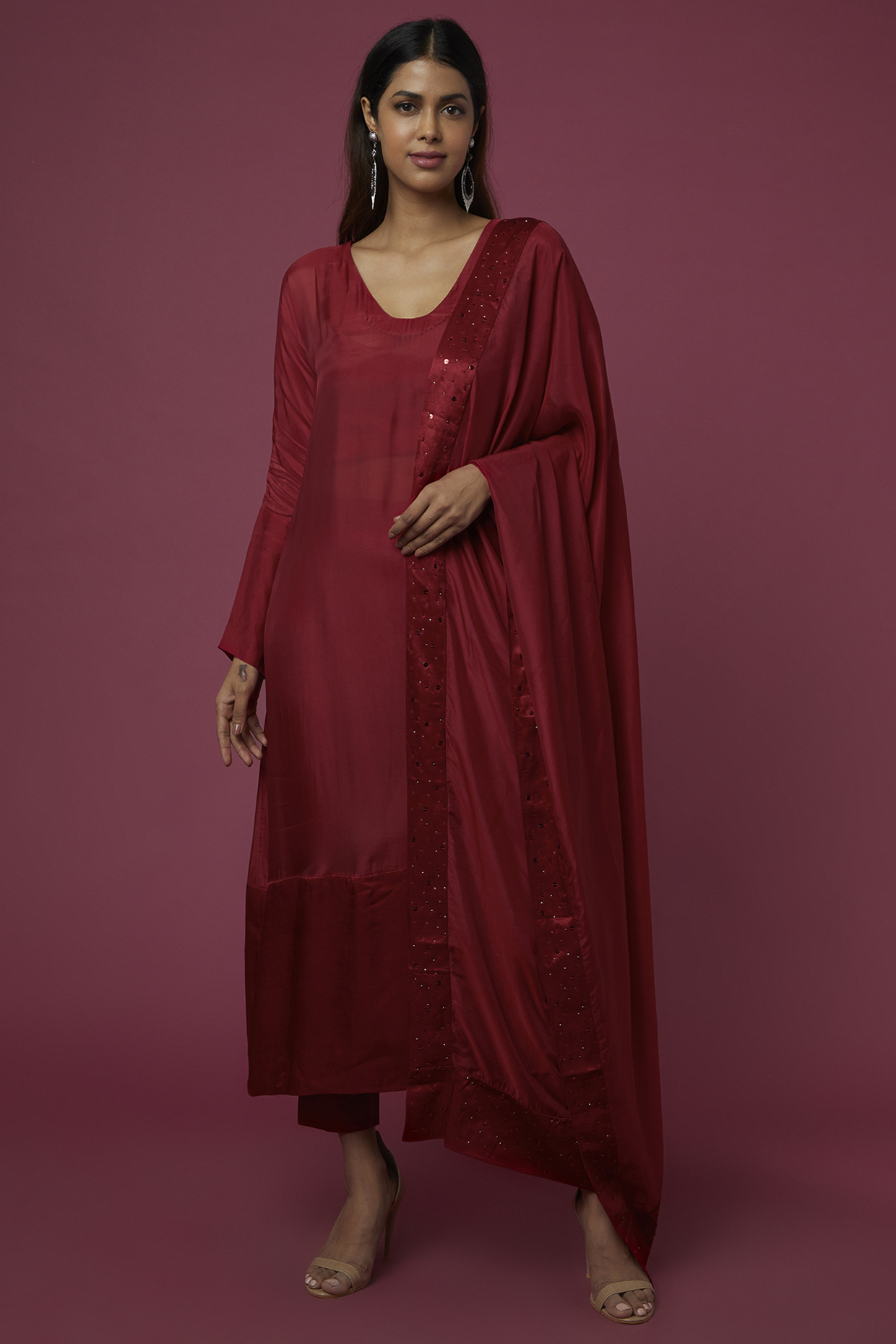 Ruby Red Mashru Silk Kurta Set by The Aarya at Pernia's Pop Up Shop
