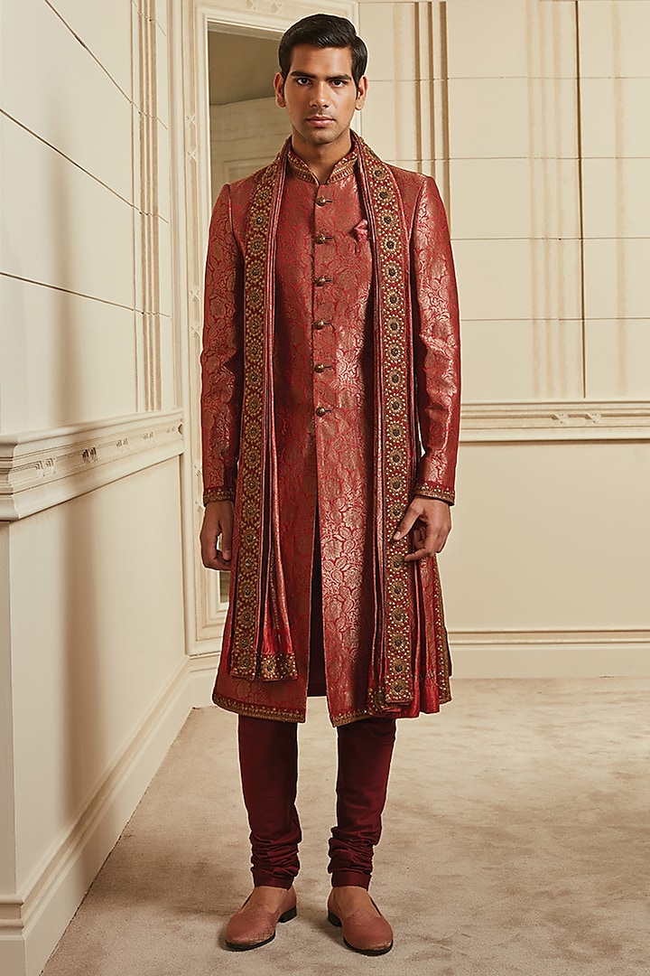 Red Silk Brocade Embroidered Sherwani Set by TASVA