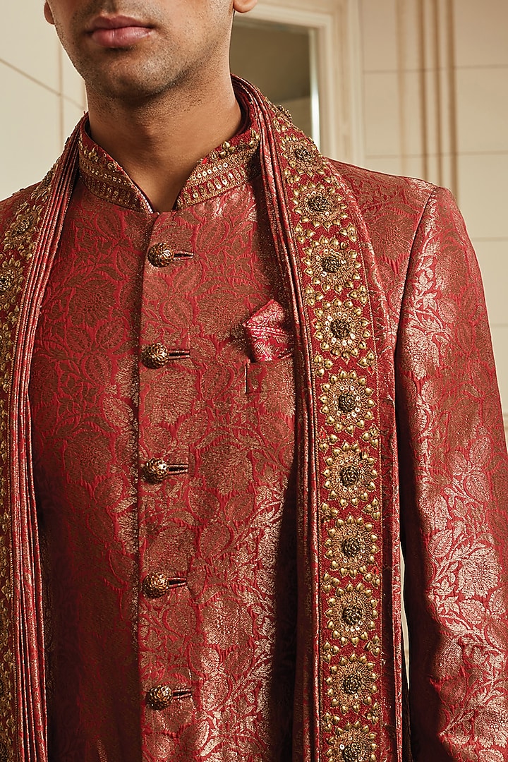 RELEASE 10 • Drop 2 • — Handwoven Silk Engineered Brocade Kurta Set + Silk  Sherwani — A minimal longline sherwani styled alongside an…